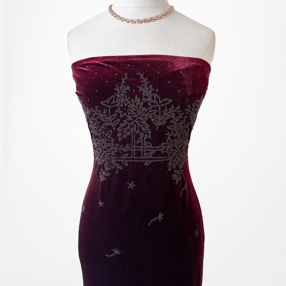 Vintage Burgundy Red Beaded Velvet Knit Maxi Bodycon Strapless Prom Dress Size S - Picture 5 of 7